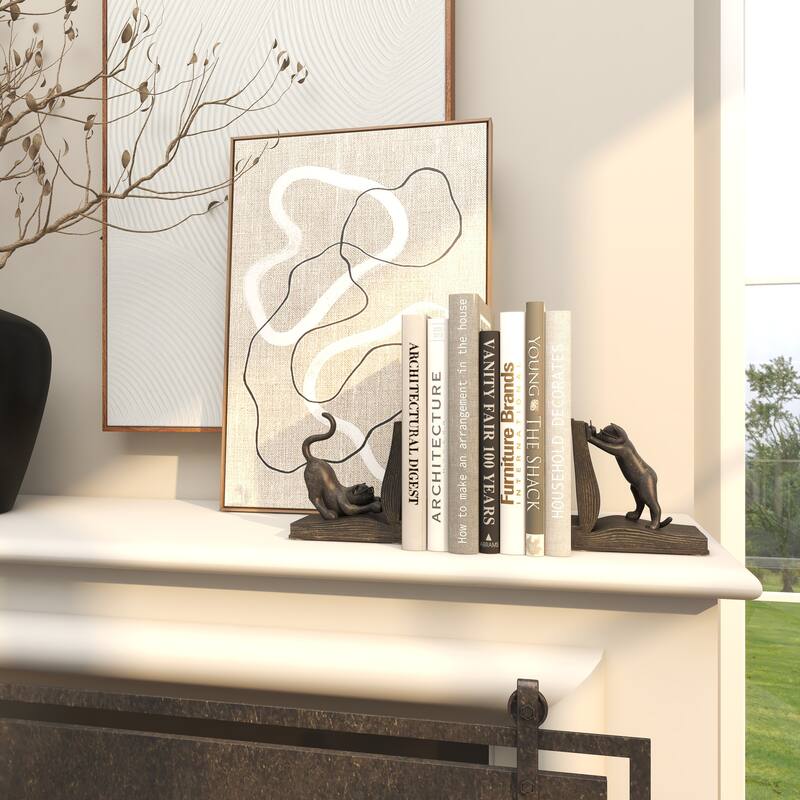 Black Polystone Reading Cat Decorative Bookends (Set of 2)