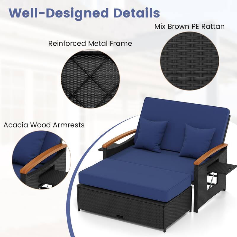 Gymax Patio Rattan Daybed Set w/Cushioned Loveseat & Storage Ottoman