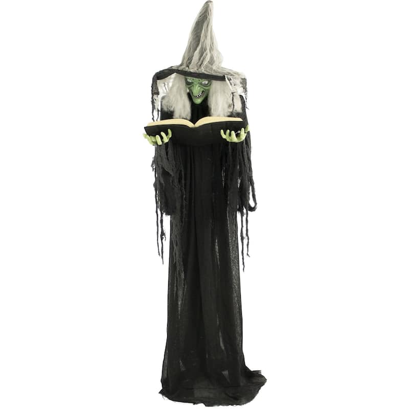 Haunted Hill Farm Life-Size Poseable Witch with Spell Book, Lights and Sound, Indoor/Covered Outdoor Halloween Decoration