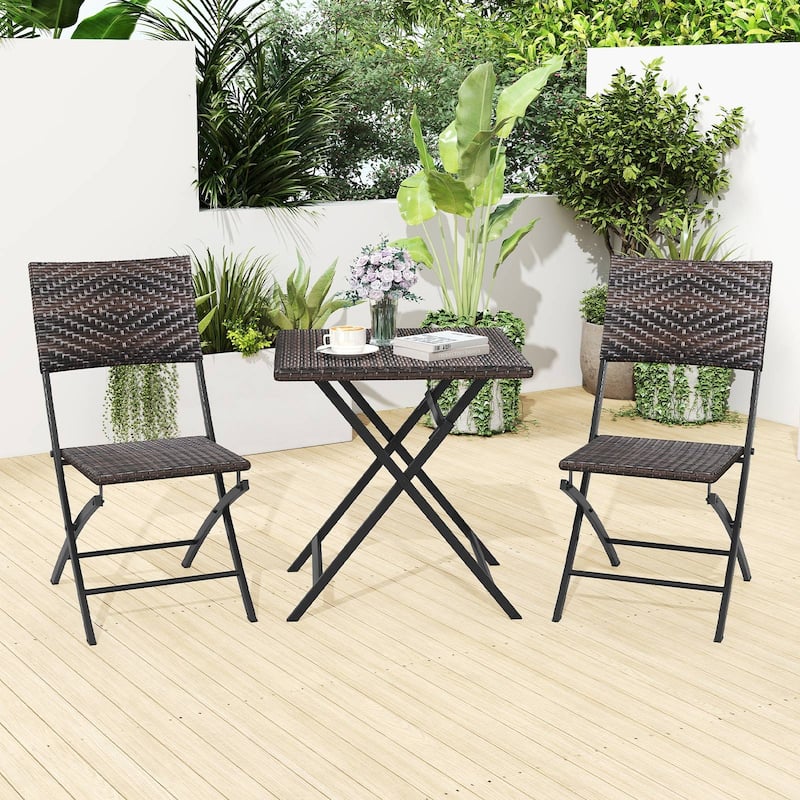 3-Piece Folding Rattan Bistro Set with 2 Chairs and Table for Balcony Garden or Backyard - Table: 24" x 24" x 27.5"