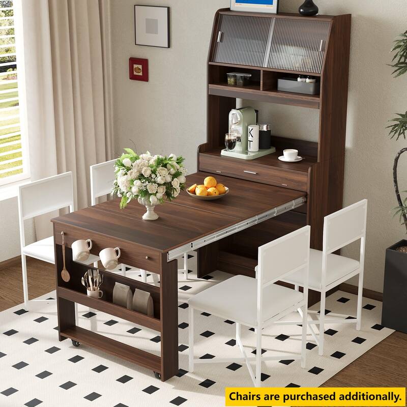 2-in-1 Buffet with Hutch and Foldable Dining Table, Multifunctional Cupboard with Storage Shelf and Side Hooks