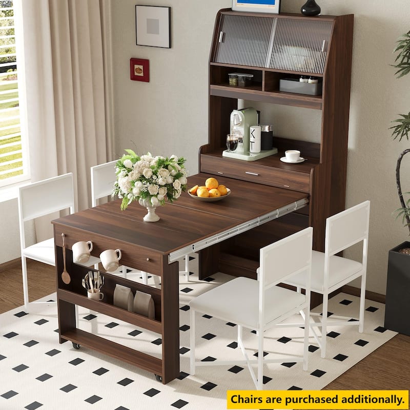 Multifunctional Cupboard Buffet with Storage Shelf,Side Hooks,Hutch and Foldable Dining Table