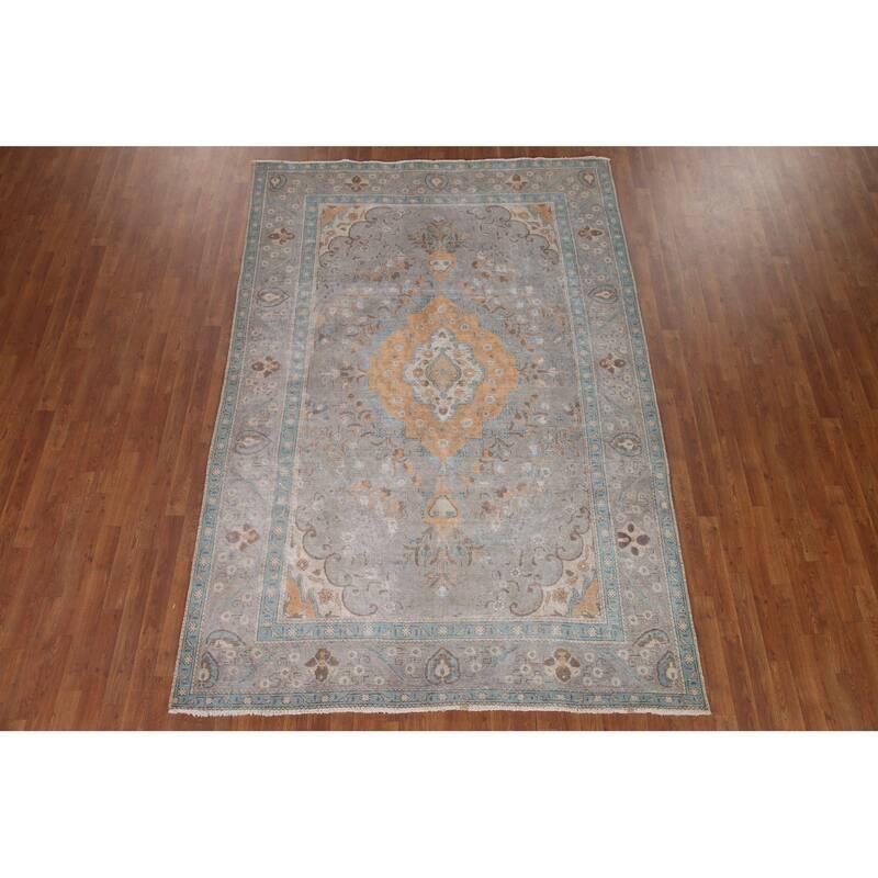 Hand Knotted Oriental 100% Wool Carpet Traditional Medallion Greys & Charcoal Tabriz Area Rug - 9' 9'' X 6' 7''
