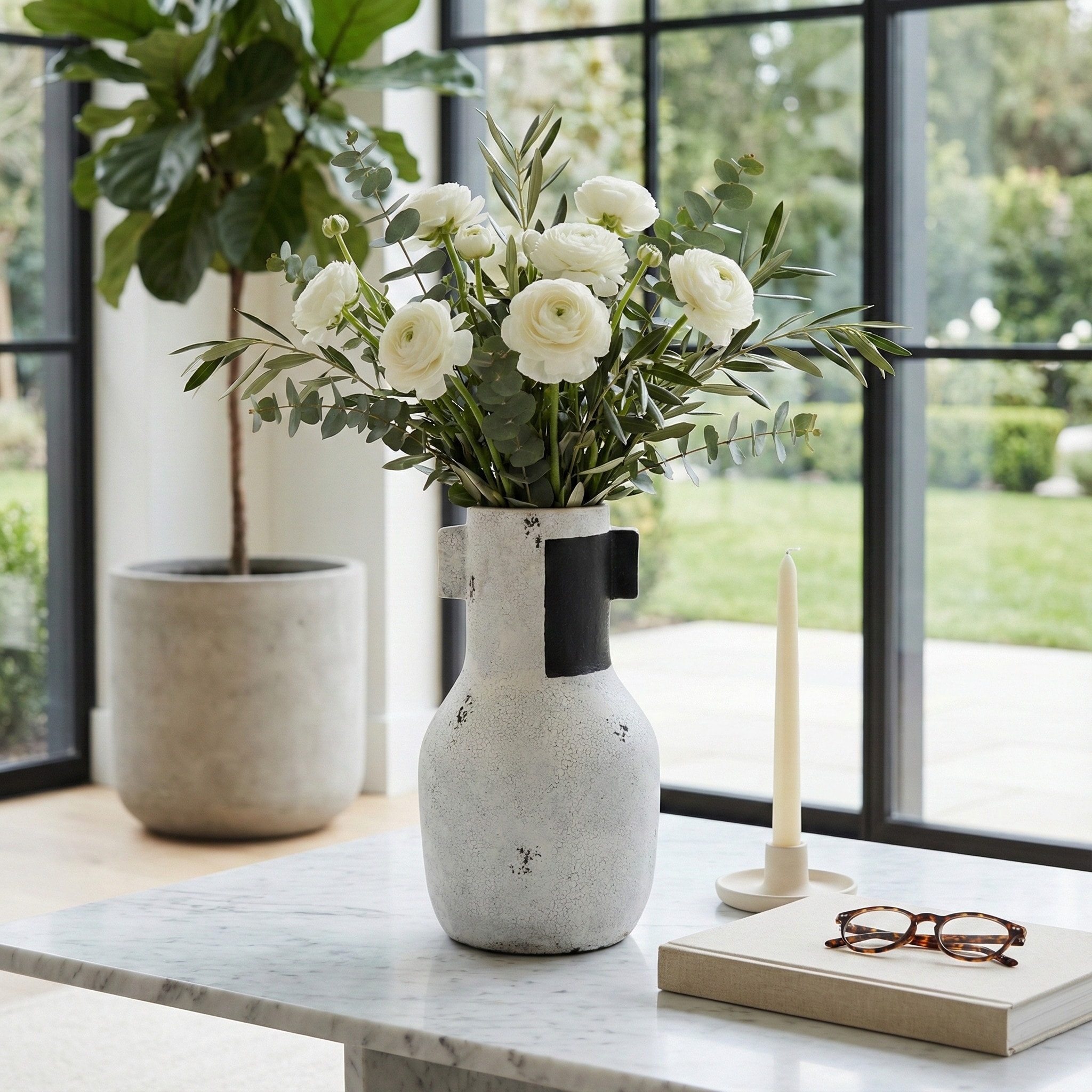 Decorative Vase - White/Black Ceramic Patch Textured, 15 in.