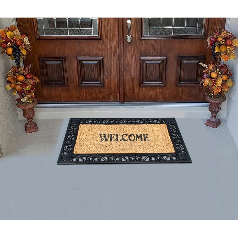A1HC Welcome Rubber Paisley Border Outdoor Double Doormat 23X38 Black