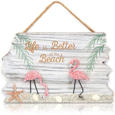 Juvale Flamingo and Life is Better at The Beach Hanging Wall Decoration (14 x 9 Inches)
