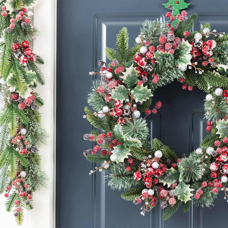 Glitzhome Christmas Red Pomegranate Berry & Holy Leaf Wreath or Teardrop