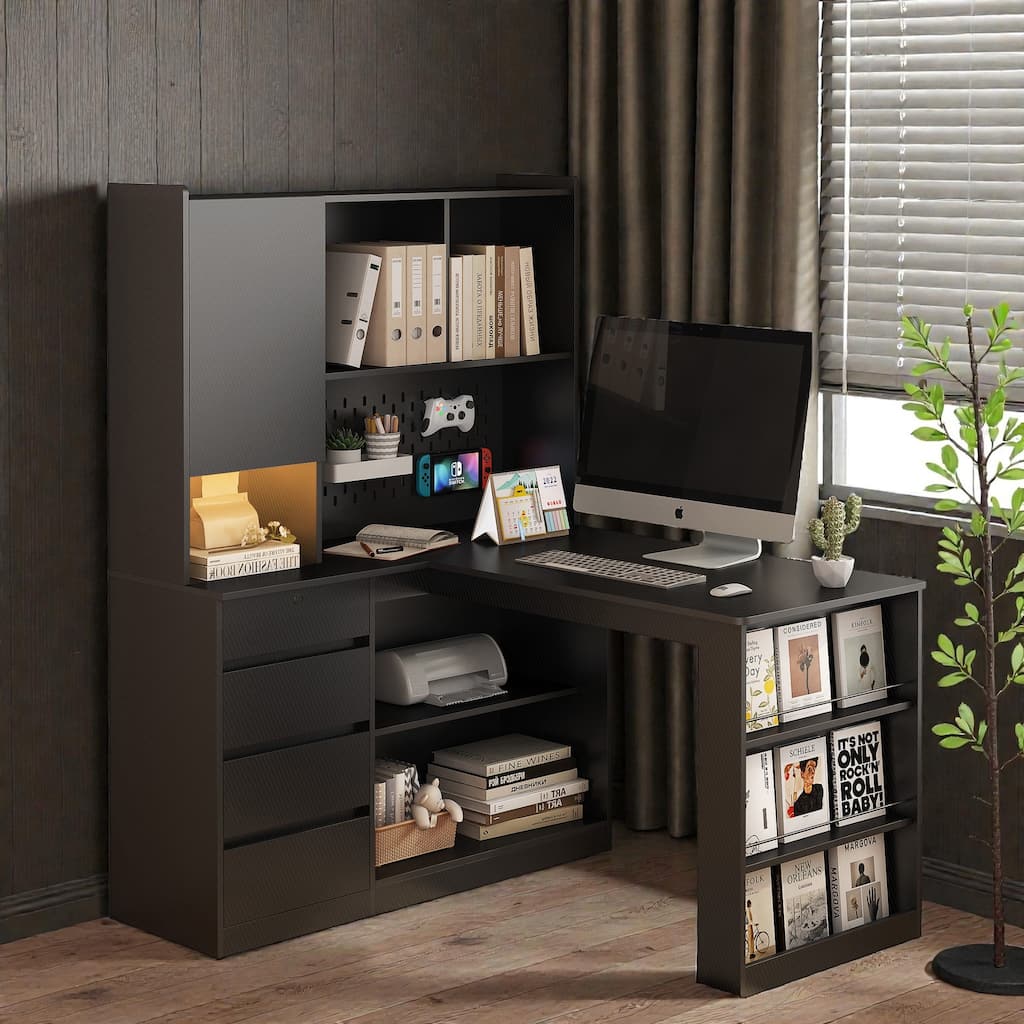 L Shaped Computer Desk with Drawers and Bookshelf, Corner Desk with LED Light and Power Outlets for Home Office