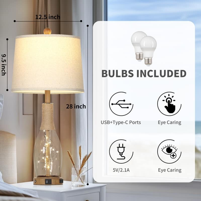 Set of 2, 30-Inch Table Lamps with USB & Type-C Ports, AC Outlet, and Touch Control - 12.5'' x 12.5'' x 28''