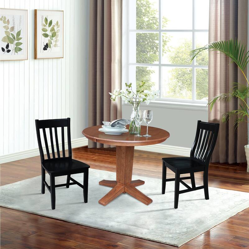 36 in Round Extension Dining Table with 12 in Leaf and Dining Chairs in Distressed Oak