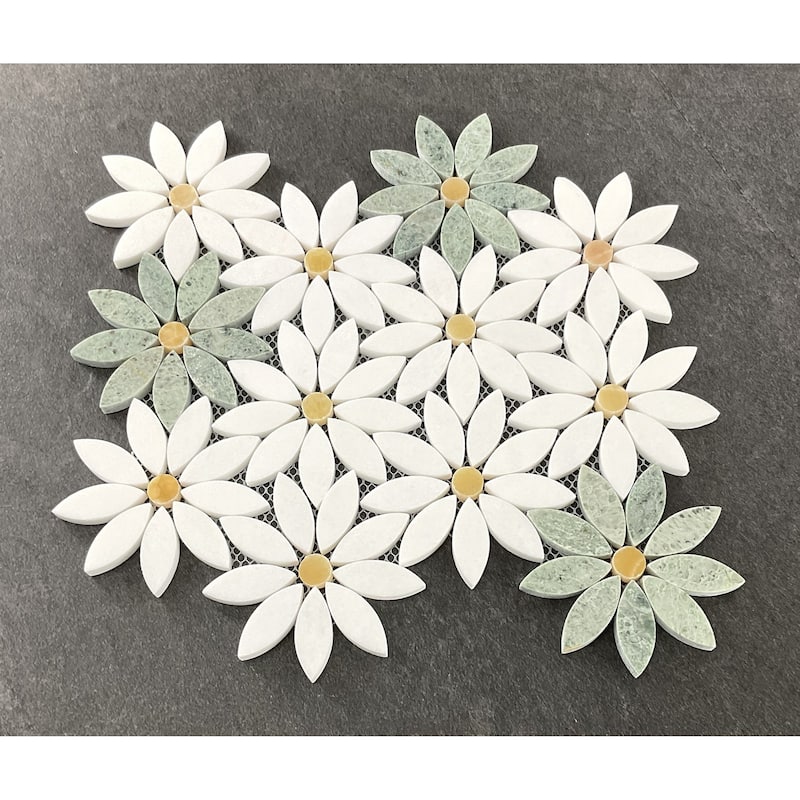 Natural Marble Daisy Flower Pattern Mosaic Wall & Floor Tile - 1 Case (10 Sheets)