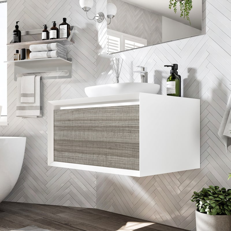 Eviva Santa Monica 36 inch Ash Wall Mount Bathroom Vanity with Solid Surface Vessel Sink