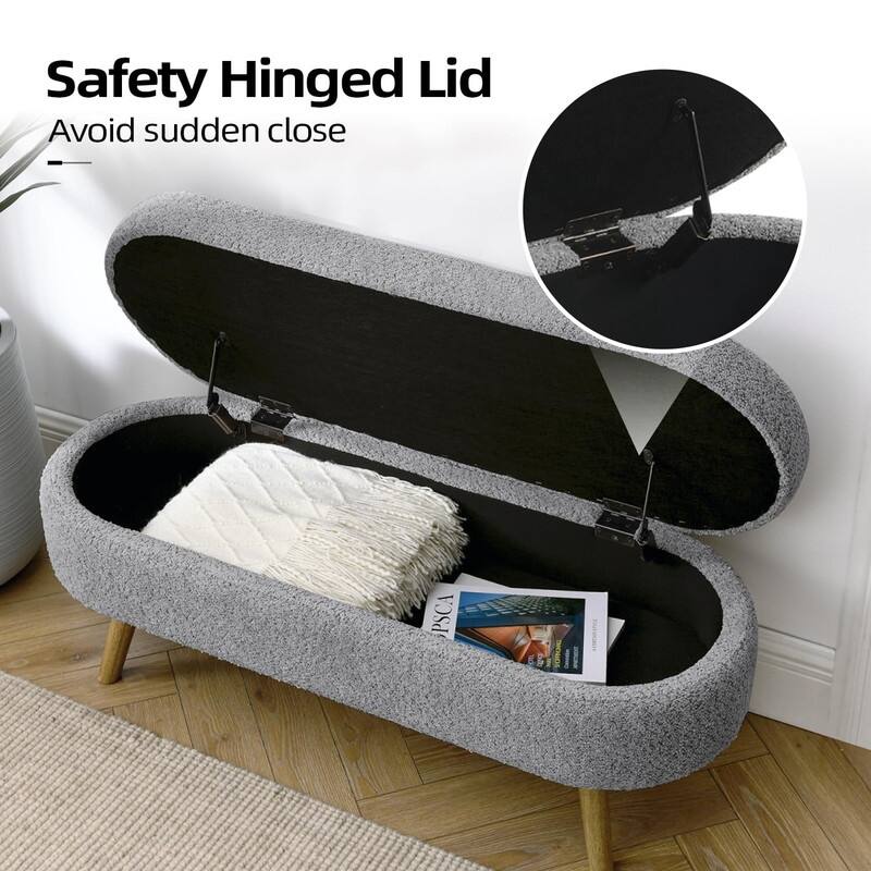 44" Beige Boucle Storage Ottoman Bench for Living Room Bedroom,Oval Storage Bench Ottoman Foot Rest Wood Legs