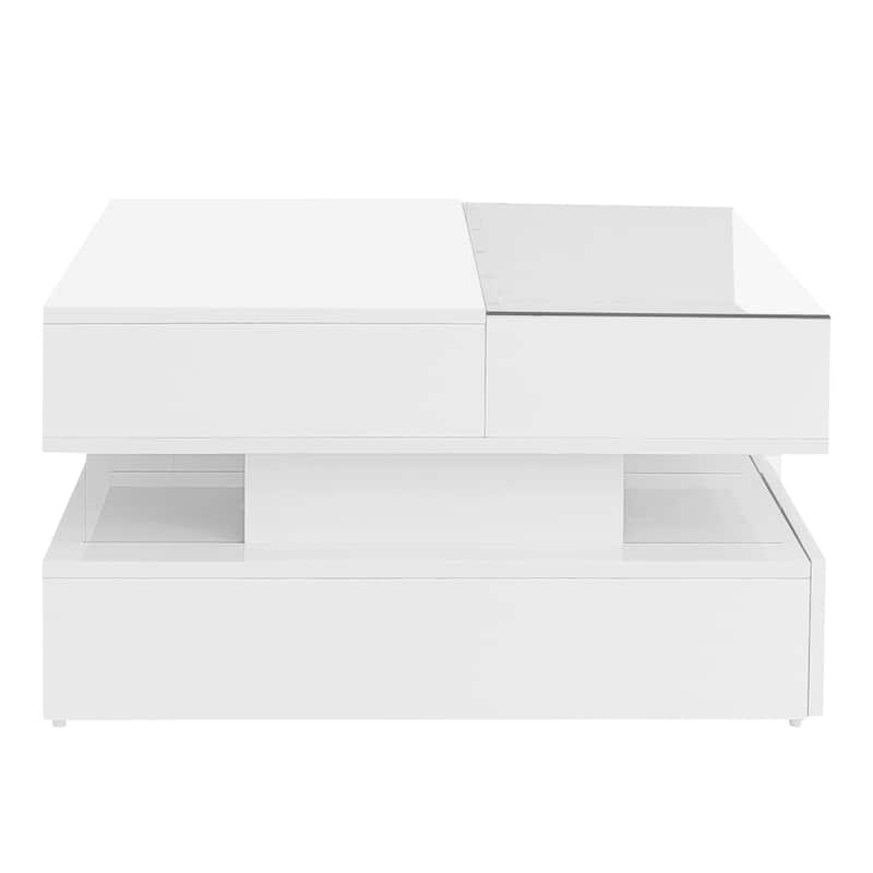 Lift-Top Coffee Table with 2 Drawers, Modern Square Coffee Table with Glass Top and High-Gloss Finish