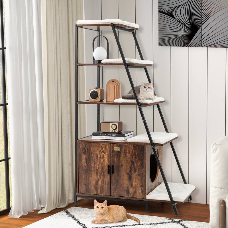 Stylish Large Cat Litter Box Enclosure with Storage and Ladder Shelf for Organization