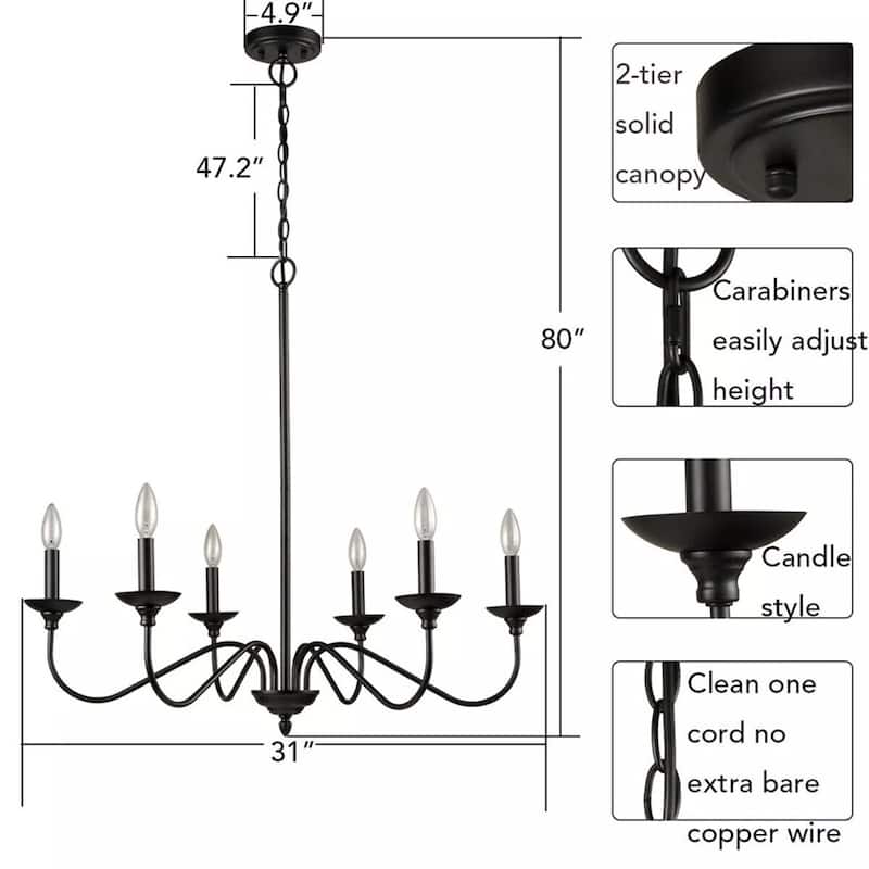 6-Light Farmhouse Black Chandeliers Wrought Iron Candle Chandelier - 31" x 80"