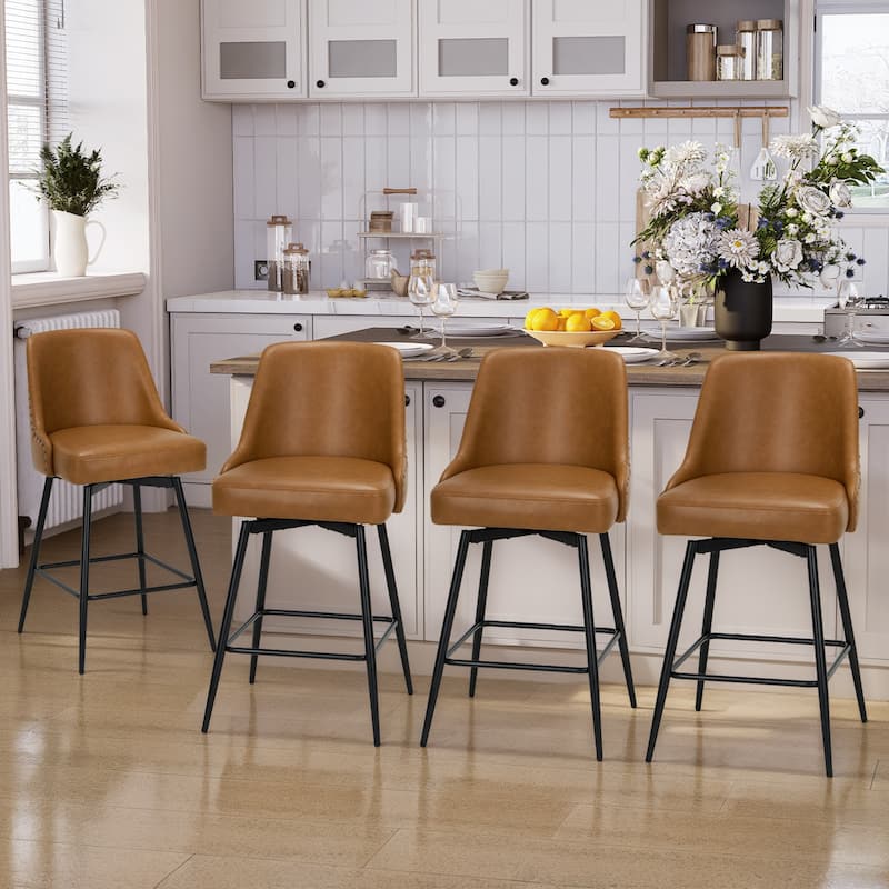 Industrial Swivel Bar Stools(Set of 2/4/6, Adjustable for Counter Height, 360° Spin & Plush Cushioned Seat - Set of 4 - Brown