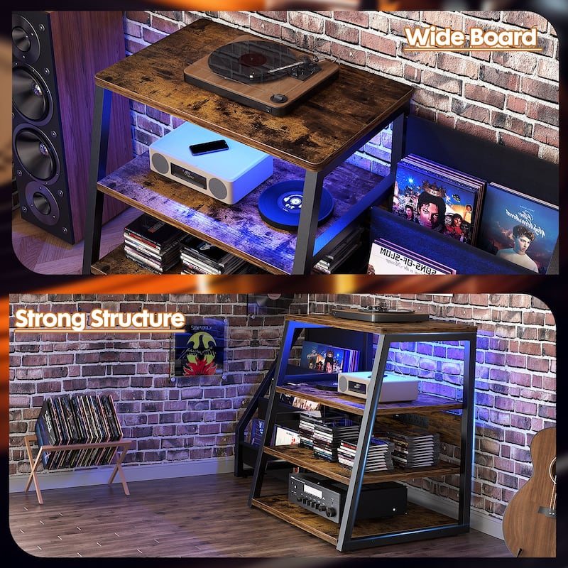 4-Tier Record Player Stand with Vinyl Record Storage ＆ LED Light ＆ Charging Station, Record Player Table, Media Console
