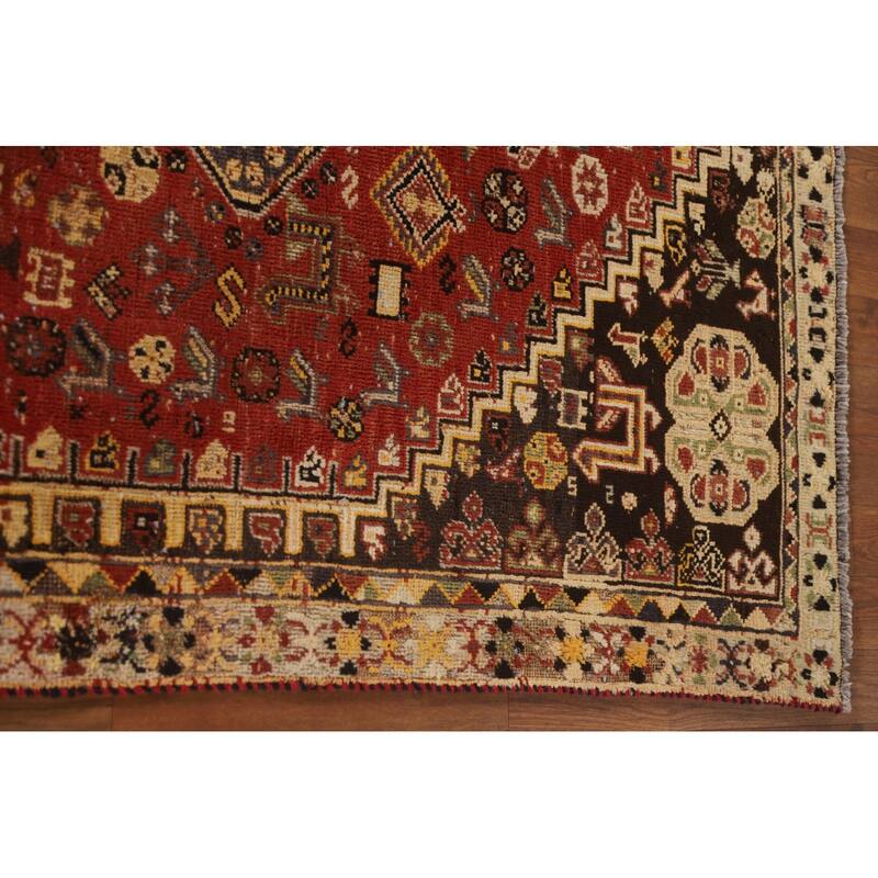Red Animals Tribal Shiraz Persian Vintage Rug Handmade Wool Carpet - 4'6"x 8'0"