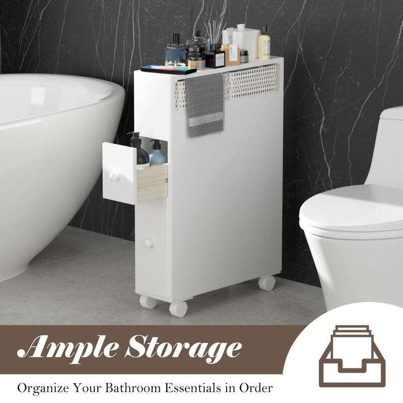 Freestanding Wooden Storage Cabinet with Storage Basket for Narrow Bathroom