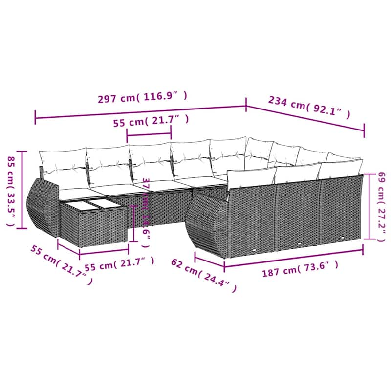 vidaXL Patio Sofa Set with Cushions Outdoor Furniture 11 Piece Poly Rattan - 21.7 x 21.7 x 14.6