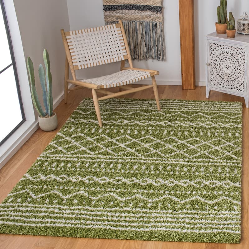 SAFAVIEH Arizona Shag Lotta Moroccan 1.2-inch Thick Rug - 5'1" Square - Green/Ivory - Square