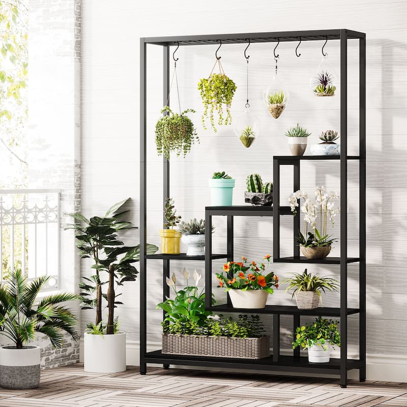 5-Tier Tall Indoor Plant Stand, 70.9 inches Plant Shelf with 10PC Hanging Hooks - Black