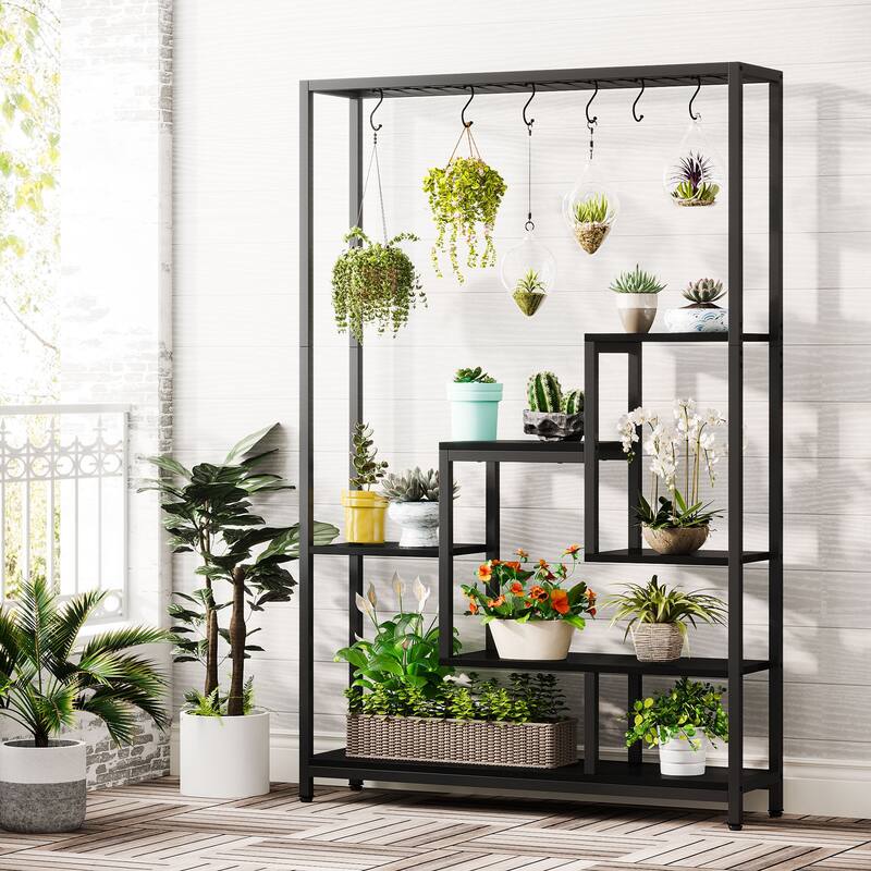 5-Tier Tall Indoor Plant Stand, Large Plant Shelf with 10PC S Hanging Hooks