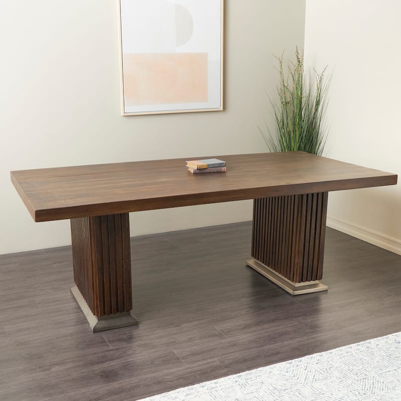 Mango Wood Mid Century Modern Dining Table with Ribbed Legs and Silver Bases - Brown - Roche River Decor - 42"W x 84"L x 30"H