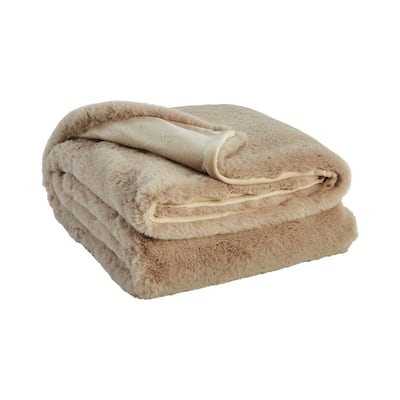 60 Inch Throw Blanket, Soft Faux Rabbit Fur Front, Set of 3, Fabric, Taupe