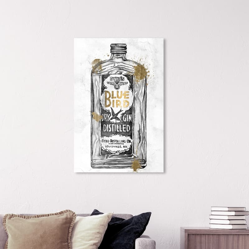 Wynwood Studio 'Blue Bird Gin Gold' Drinks and Spirits Wall Art Canvas Print Liquor - Black, Gold - 24 x 36