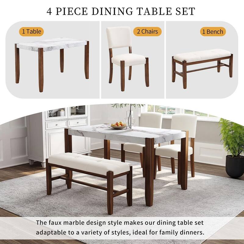 4-piece Dining Set with Faux Marble Style Table and 2 Upholstered Chairs & Bench with Wood Legs