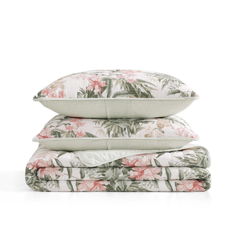 Tommy Bahama Island Orchid Coton Reversible Pink Quilt Set