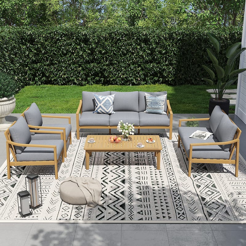 Outdoor 5 Piece Wooden Chair Set With Table And Cushion - Grey