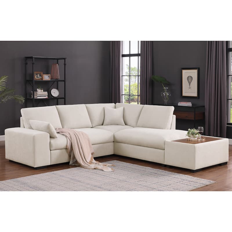 100"W Beige Woven Sectional Sofa w/ Right Chaise, Console Ottoman & 2 Pillows
