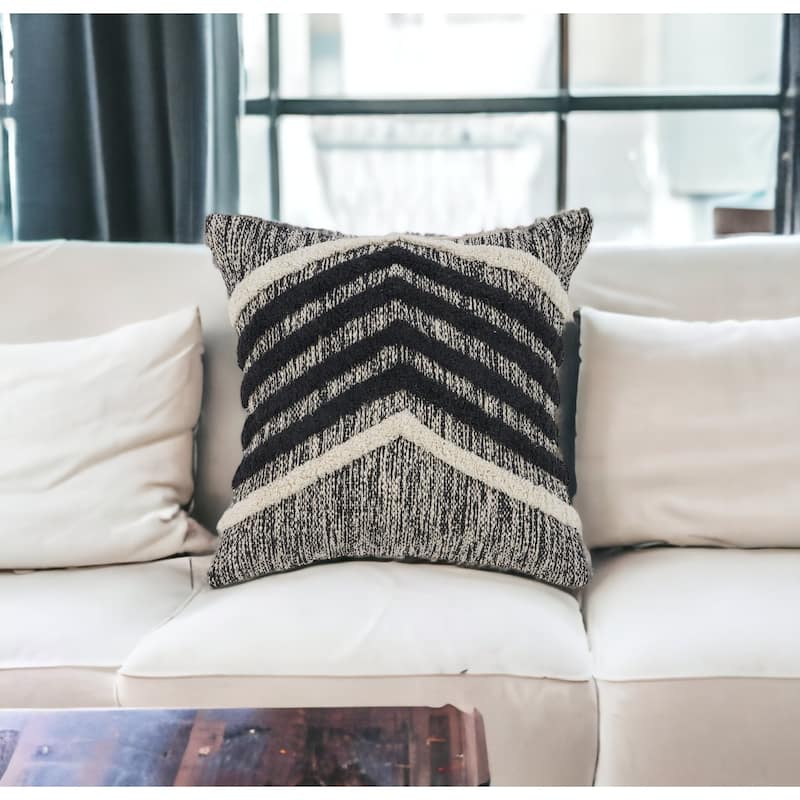 HomeRoots 18" X 18" Black and Off White Striped Cotton Zippered Pillow - Accent - Polyester
