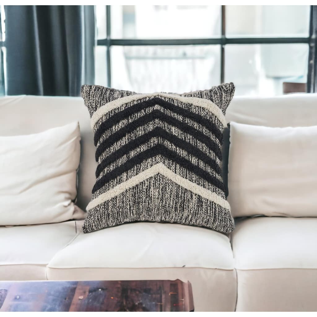 HomeRoots 18" X 18" Black and Off White Striped Cotton Zippered Pillow