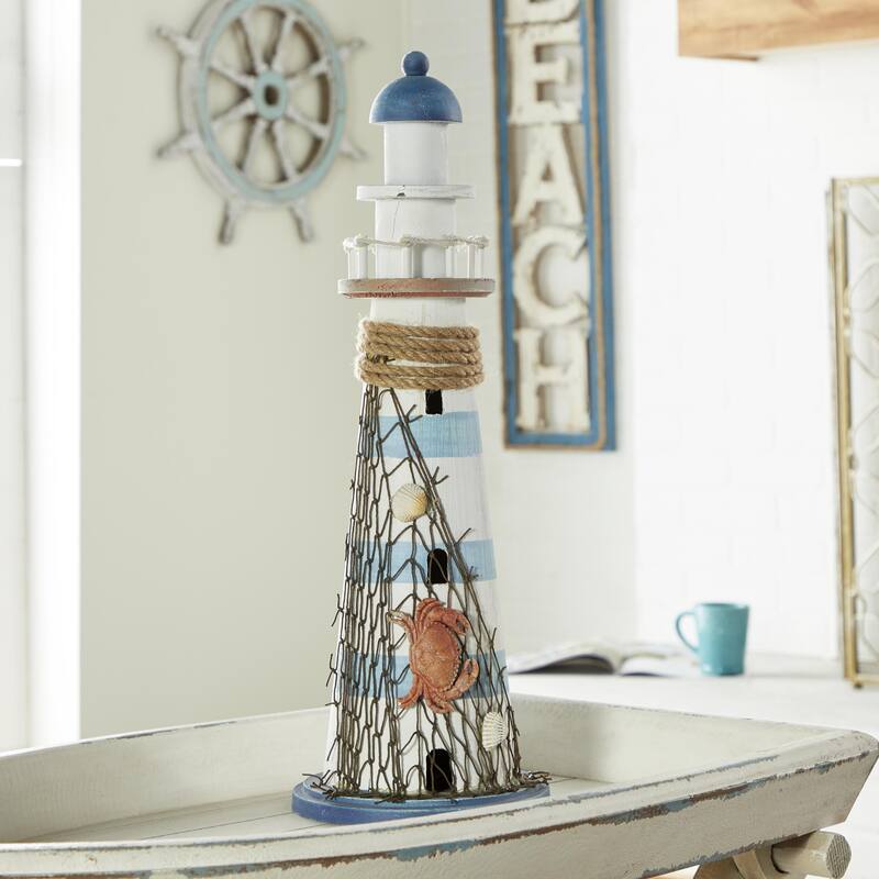White Wood Light House Decorative Sculpture with Netting - White