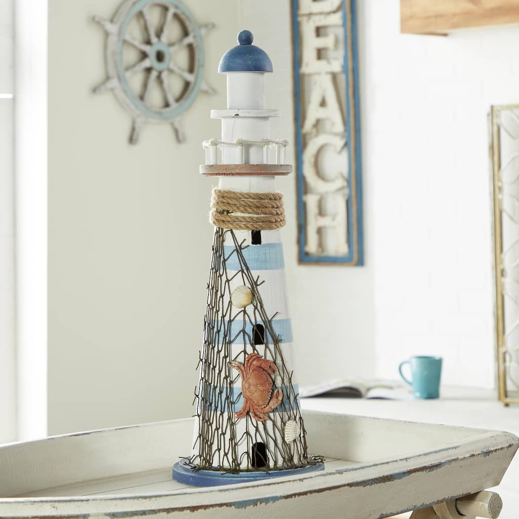 White Wood Light House Decorative Sculpture with Netting