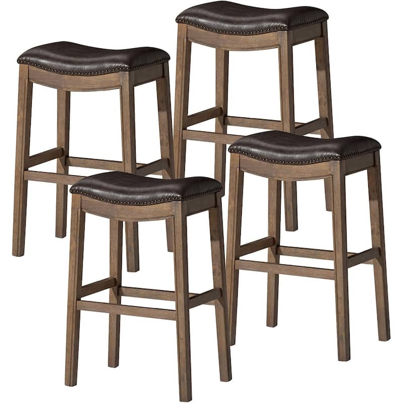 Maven Lane 31" Adrien Saddle Kitchen Bar Height Stool - N/A - Set of 4 - Walnut Vegan Leather