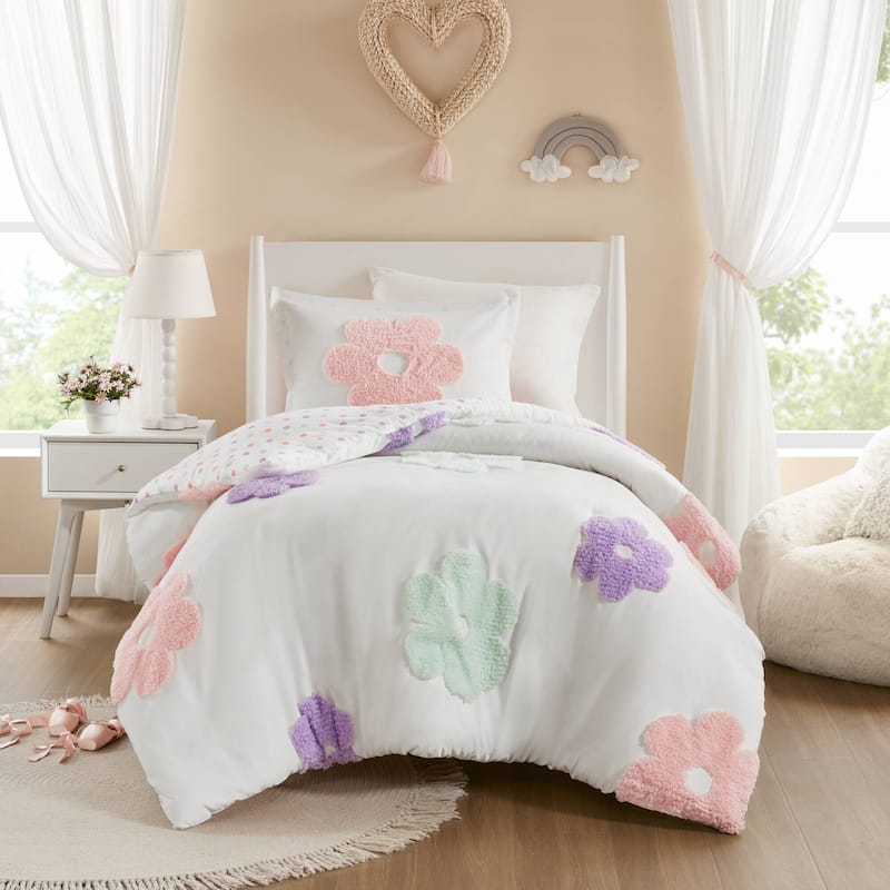 Intelligent Design Kids Madeline Floral Reversible Tufted Chenille Duvet Cover Set - White/Purple - Twin