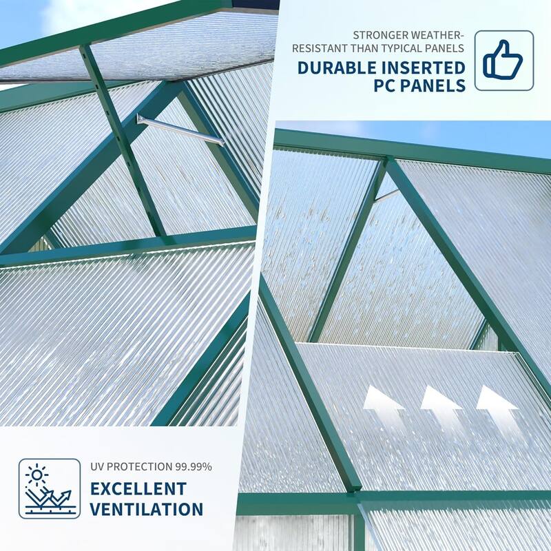 8x16 Ft Walk-In Polycarbonate Greenhouse With Ventilation And Rain Gutters,Green - 8*16FT