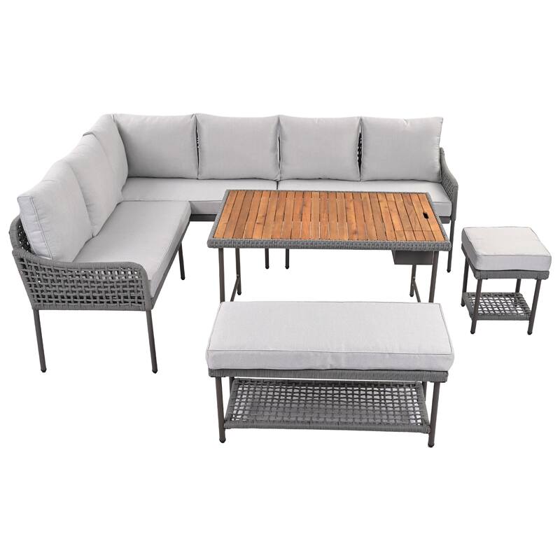 Outdoor 6-Piece Rope L-Shaped Sectional Sofa Set with Acacia Table & Ice Box