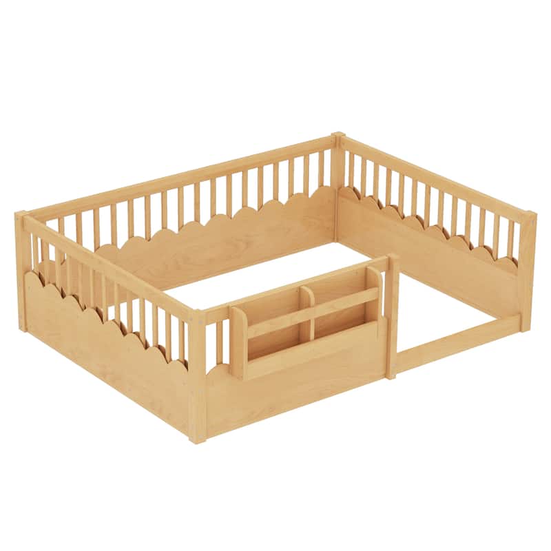 Montessori Floor Bed Kids Bed Frame with Heightened Fence and Bookshelf, Wavy Decoration Wood Platform Bed, No Slats Design