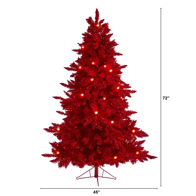 6' Pre-Lit Red Flocked Artificial Christmas Tree, Warm Clear LED Lights - 6 Foot