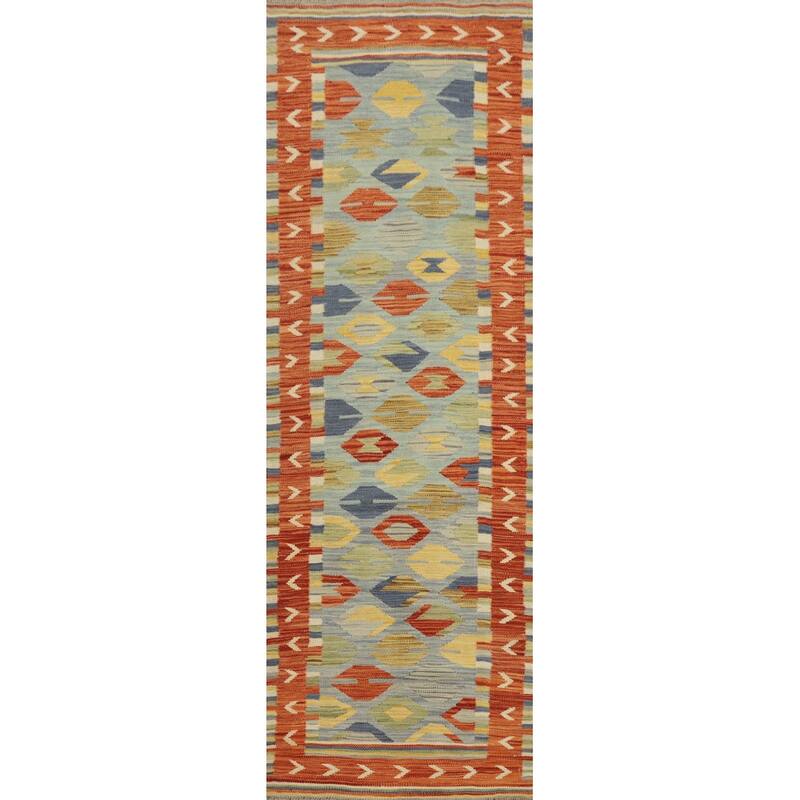 Hand Woven Oriental 100% Wool Carpet Southwestern Tribal Navy Blue & Blues Kilim Runner Rug - 8' 0'' X 2' 2''