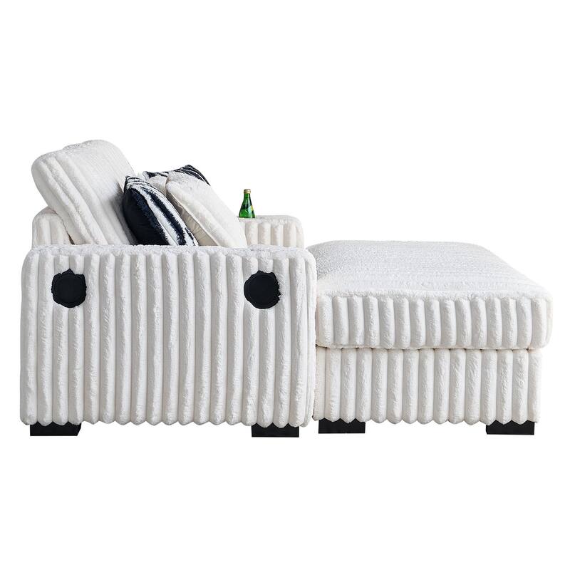 Beige 61.42" Corduroy Square Arm Loveseat Sofa with Ottoman, Bluetooth Speaker, Wireless Charger, USB Ports, Cupholder