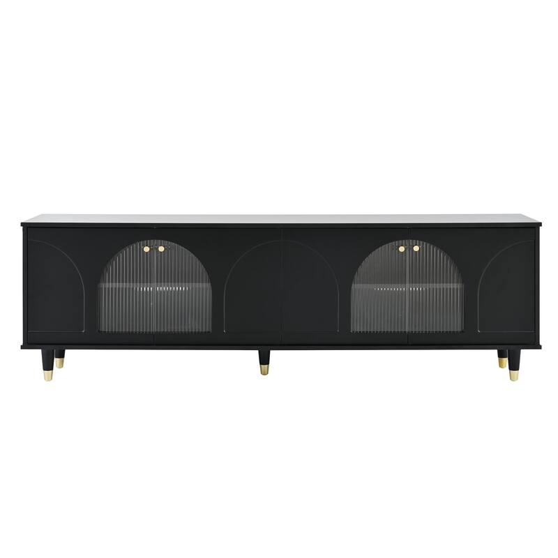 Modern TV Cabinet for TVs Up to 78" with Arch Fluted Glass Doors and Adjustable Shelves, for Living Rooms, Black