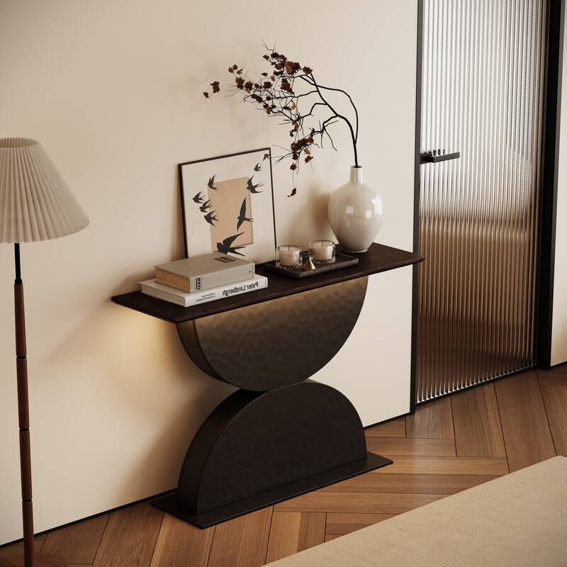 47-Inch Modern Console Table with Double Semi-Circle Base & LED Light, 3D Hammered Texture Sofa Table