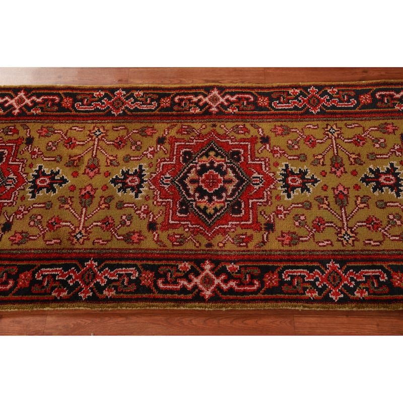 Hand Knotted Oriental 100% Wool Carpet Traditional Geometric Yellow & Gold Heriz (serapi) Runner Rug - 7' 11'' X 2' 7''